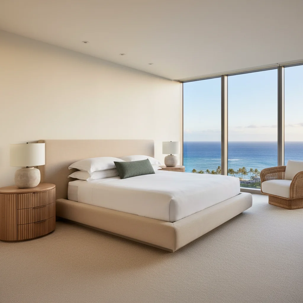 Sandstone living space with woven textures and gentle light