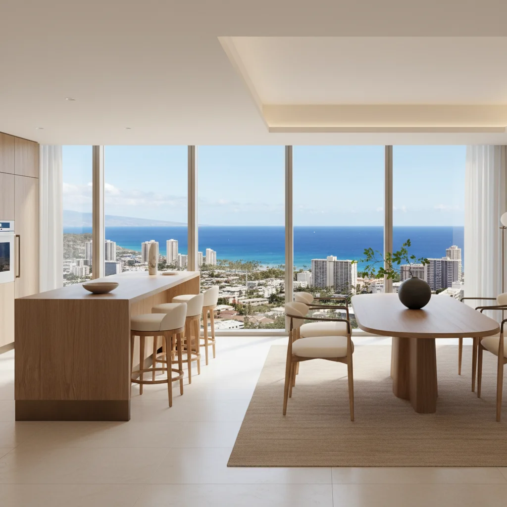Tide interior rendering with warm woods and soft blue accents