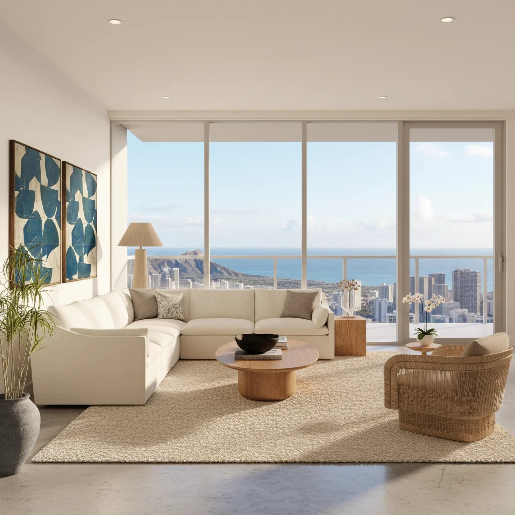 Tide living space with rattan textures and layered neutrals